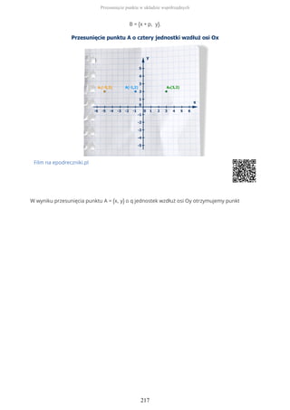 B = (x + p, y).
Film na epodreczniki.pl
W wyniku przesunięcia punktu A = (x, y) o q jednostek wzdłuż osi Oy otrzymujemy punkt
Przesunięcie punktu w układzie współrzędnych
217
 
