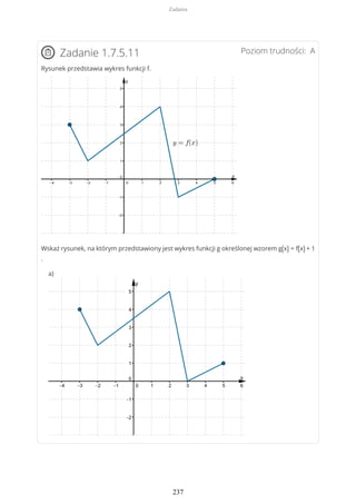 Poziom trudności: AZadanie 1.7.5.11
Rysunek przedstawia wykres funkcji f.
Wskaż rysunek, na którym przedstawiony jest wykres funkcji g określonej wzorem g(x) = f(x) + 1
.
a)
Zadania
237
 