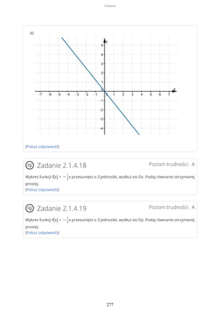 (Pokaż odpowiedź)
Poziom trudności: AZadanie 2.1.4.18
Wykres funkcji f(x) = −
1
3
x przesunięto o 3 jednostki, wzdłuż osi Ox. Podaj równanie otrzymanej
prostej.
(Pokaż odpowiedź)
Poziom trudności: AZadanie 2.1.4.19
Wykres funkcji f(x) = −
1
3
x przesunięto o 3 jednostki, wzdłuż osi Oy. Podaj równanie otrzymanej
prostej.
(Pokaż odpowiedź)
d)
Zadania
277
 