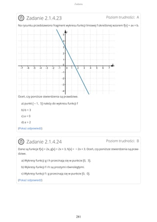 Poziom trudności: AZadanie 2.1.4.23
Na rysunku przedstawiono fragment wykresu funkcji liniowej f określonej wzorem f(x) = ax + b.
Oceń, czy poniższe stwierdzenia są prawdziwe.
a) punkt ( – 1, 5) należy do wykresu funkcji f
b) b = 3
c) a < 0
d) a > 2
(Pokaż odpowiedź)
Poziom trudności: BZadanie 2.1.4.24
Dane są funkcje f(x) = 2x, g(x) = 2x + 3, h(x) = − 2x + 3. Oceń, czy poniższe stwierdzenia są praw-
dziwe.
a) Wykresy funkcji g i h przecinają się w punkcie (0, 3).
b) Wykresy funkcji f i h są prostymi równoległymi.
c) Wykresy funkcji f i g przecinają się w punkcie (0, 0).
(Pokaż odpowiedź)
Zadania
281
 
