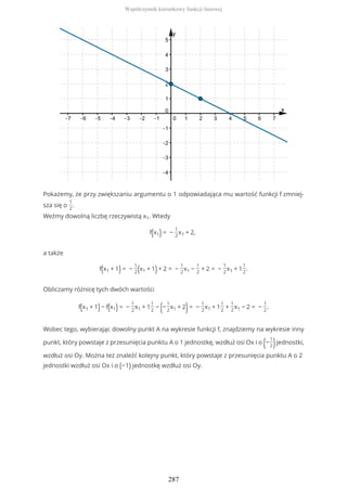 Pokażemy, że przy zwiększaniu argumentu o 1 odpowiadająca mu wartość funkcji f zmniej-
sza się o
1
2
.
Weźmy dowolną liczbę rzeczywistą x1. Wtedy
f(x1) = −
1
2
x1 + 2,
a także
f(x1 + 1) = −
1
2(x1 + 1)+ 2 = −
1
2
x1 −
1
2
+ 2 = −
1
2
x1 + 1
1
2
.
Obliczamy różnicę tych dwóch wartości
f(x1 + 1)− f(x1) = −
1
2
x1 + 1
1
2
− (−
1
2
x1 + 2)= −
1
2
x1 + 1
1
2
+
1
2
x1 − 2 = −
1
2
.
Wobec tego, wybierając dowolny punkt A na wykresie funkcji f, znajdziemy na wykresie inny
punkt, który powstaje z przesunięcia punktu A o 1 jednostkę, wzdłuż osi Ox i o (−
1
2)jednostki,
wzdłuż osi Oy. Można też znaleźć kolejny punkt, który powstaje z przesunięcia punktu A o 2
jednostki wzdłuż osi Ox i o (−1) jednostkę wzdłuż osi Oy.
Współczynnik kierunkowy funkcji liniowej
287
 