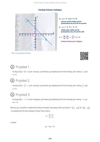 Film na epodreczniki.pl
Przykład 1.
Funkcja f(x) = 2x + 5 jest rosnąca, ponieważ jej współczynnik kierunkowy jest równy 2, czyli
a > 0.
Przykład 2.
Funkcja f(x) =
1
3
x − 1 jest rosnąca, ponieważ jej współczynnik kierunkowy jest równy
1
3
, czyli
a > 0.
Przykład 3.
Funkcja f(x) = − x + 2 jest malejąca, ponieważ jej współczynnik kierunkowy jest równy −1, czy-
li a < 0.
Wiemy już, że jeżeli na wykresie funkcji liniowej f leżą dwa różne punkty A = (xA, yA) i B = (xB, yB)
, to współczynnik kierunkowy funkcji f jest równy
a =
yB − yA
xB − xA
,
a także
yA − axA = b.
Funkcja liniowa rosnąca, funkcja liniowa malejąca
294
 