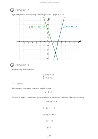 Przykład 2.
Rysunek przedstawia wykresy funkcji f(x) = 4x − 9 i g(x) = − 3x + 2.
Przykład 3.
Rozwiążemy układ równań
{
2x − y = − 4
x + 2y = 3
• I sposób
Wyznaczymy z drugiego równania niewiadomą x
x = 3 − 2y.
Następnie wykorzystujemy otrzymany związek w pierwszym równaniu, skąd otrzymujemy
2 ∙ (3 − 2y) − y = − 4
6 − 4y − y = − 4
−4y − y = − 4 − 6
−5y = − 10
y = 2
Układ dwóch równań liniowych
329
 