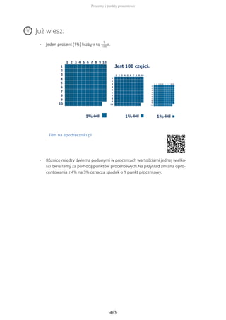 Już wiesz:
• Jeden procent (1%) liczby x to
1
100
x.
Film na epodreczniki.pl
• Różnicę między dwiema podanymi w procentach wartościami jednej wielko-
ści określamy za pomocą punktów procentowych.Na przykład zmiana opro-
centowania z 4% na 3% oznacza spadek o 1 punkt procentowy.
Procenty i punkty procentowe
463
 