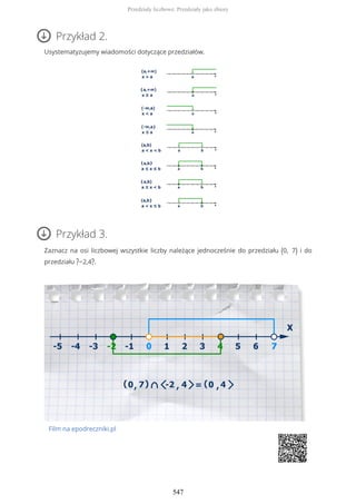 Przykład 2.
Usystematyzujemy wiadomości dotyczące przedziałów.
Przykład 3.
Zaznacz na osi liczbowej wszystkie liczby należące jednocześnie do przedziału (0, 7) i do
przedziału ?−2,4?.
Film na epodreczniki.pl
Przedziały liczbowe. Przedziały jako zbiory
547
 