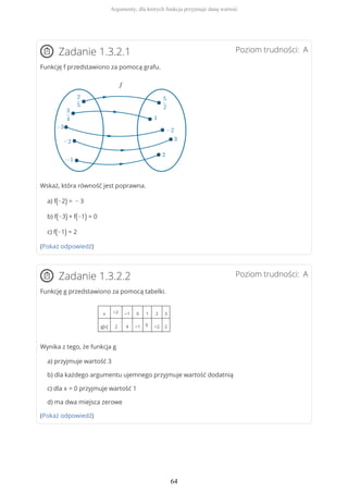 Poziom trudności: AZadanie 1.3.2.1
Funkcję f przedstawiono za pomocą grafu.
Wskaż, która równość jest poprawna.
a) f(−2) = − 3
b) f(−3) + f(−1) = 0
c) f(−1) = 2
(Pokaż odpowiedź)
Poziom trudności: AZadanie 1.3.2.2
Funkcję g przedstawiono za pomocą tabelki.
x −2 −1 0 1 2 3
g(x) 2 4 −1 0 −2 2
Wynika z tego, że funkcja g
a) przyjmuje wartość 3
b) dla każdego argumentu ujemnego przyjmuje wartość dodatnią
c) dla x = 0 przyjmuje wartość 1
d) ma dwa miejsca zerowe
(Pokaż odpowiedź)
Argumenty, dla których funkcja przyjmuje daną wartość
64
 