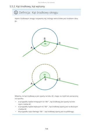 5.5.2. Kąt środkowy, kąt wpisany
Definicja: Kąt środkowy okręgu
Kątem środkowym okręgu nazywamy kąt, którego wierzchołek jest środkiem okrę-
gu.
Mówimy, że kąt środkowy α jest oparty na łuku AC, mając na myśli łuk zaznaczony
na rysunku.
• w przypadku kątów mniejszych niż 180 ° , kąt środkowy jest oparty na krót-
szym z łuków AC,
• w przypadku kątów większych niż 180 ° , kąt środkowy oparty jest na dłuższym
z łuków AC.
• W przypadku kąta równego 180 ° , kąt środkowy oparty jest na półokręgu.
Kąt środkowy, kąt wpisany
718
 