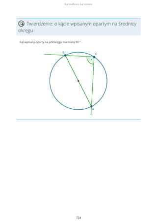 Twierdzenie: o kącie wpisanym opartym na średnicy
okręgu
Kąt wpisany oparty na półokręgu ma miarę 90 ° .
Kąt środkowy, kąt wpisany
724
 