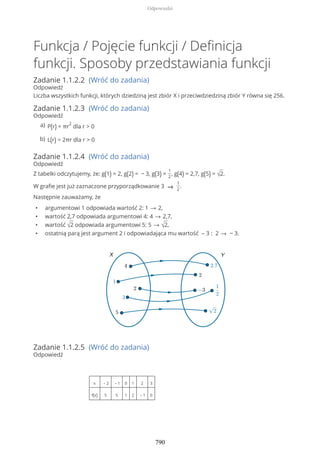 Funkcja / Pojęcie funkcji / Definicja
funkcji. Sposoby przedstawiania funkcji
Zadanie 1.1.2.2 (Wróć do zadania)
Odpowiedź
Liczba wszystkich funkcji, których dziedziną jest zbiór X i przeciwdziedziną zbiór Y równa się 256.
Zadanie 1.1.2.3 (Wróć do zadania)
Odpowiedź
Zadanie 1.1.2.4 (Wróć do zadania)
Odpowiedź
Z tabelki odczytujemy, że: g(1) = 2, g(2) = − 3, g(3) =
1
2
, g(4) = 2,7, g(5) = √2.
W grafie jest już zaznaczone przyporządkowanie 3 → 1
2
.
Następnie zauważamy, że
• argumentowi 1 odpowiada wartość 2: 1 → 2,
• wartość 2,7 odpowiada argumentowi 4: 4 → 2,7,
• wartość √2 odpowiada argumentowi 5: 5 → √2,
• ostatnią parą jest argument 2 i odpowiadająca mu wartość – 3 : 2 → − 3.
Zadanie 1.1.2.5 (Wróć do zadania)
Odpowiedź
x – 2 – 1 0 1 2 3
f(x) 5 5 1 2 – 1 0
P(r) = πr
2
dla r > 0a)
L(r) = 2πr dla r > 0b)
Odpowiedzi
790
 