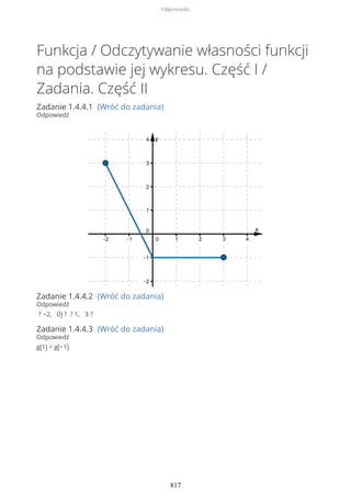 Funkcja / Odczytywanie własności funkcji
na podstawie jej wykresu. Część I /
Zadania. Część II
Zadanie 1.4.4.1 (Wróć do zadania)
Odpowiedź
Zadanie 1.4.4.2 (Wróć do zadania)
Odpowiedź
? −2, 0) ? ? 1, 3 ?
Zadanie 1.4.4.3 (Wróć do zadania)
Odpowiedź
g(1) < g(−1)
Odpowiedzi
817
 