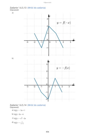 Zadanie 1.6.5.13 (Wróć do zadania)
Odpowiedź
Zadanie 1.6.5.14 (Wróć do zadania)
Odpowiedź
a)
b)
h(x) = − 5x + 1a)
h(x) = 3x − 4b)
h(x) = − x
2
− 3xc)
h(x) = −
1
x + 3
d)
Odpowiedzi
836
 