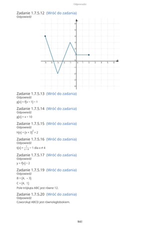 Zadanie 1.7.5.12 (Wróć do zadania)
Odpowiedź
Zadanie 1.7.5.13 (Wróć do zadania)
Odpowiedź
g(x) = f(x − 1) − 1
Zadanie 1.7.5.14 (Wróć do zadania)
Odpowiedź
g(x) = x − 10
Zadanie 1.7.5.15 (Wróć do zadania)
Odpowiedź
h(x) = (x + 3)
2
+ 2
Zadanie 1.7.5.16 (Wróć do zadania)
Odpowiedź
t(x) =
1
x − 4
− 1 dla x ≠ 4
Zadanie 1.7.5.17 (Wróć do zadania)
Odpowiedź
y = f(x) − 2
Zadanie 1.7.5.19 (Wróć do zadania)
Odpowiedź
B = (4, – 3)
C = (4, 1)
Pole trójkąta ABC jest równe 12.
Zadanie 1.7.5.20 (Wróć do zadania)
Odpowiedź
Czworokąt ABCD jest równoległobokiem.
Odpowiedzi
841
 