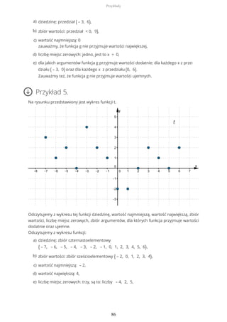 Przykład 5.
Na rysunku przedstawiony jest wykres funkcji t.
Odczytujemy z wykresu tej funkcji dziedzinę, wartość najmniejszą, wartość największą, zbiór
wartości, liczbę miejsc zerowych, zbiór argumentów, dla których funkcja przyjmuje wartości
dodatnie oraz ujemne.
Odczytujemy z wykresu funkcji:
dziedzinę: przedział ( – 3, 6),a)
zbiór wartości: przedział < 0, 9),b)
wartość najmniejszą: 0
zauważmy, że funkcja g nie przyjmuje wartości największej,
c)
liczbę miejsc zerowych: jedno, jest to x = 0,d)
dla jakich argumentów funkcja g przyjmuje wartości dodatnie: dla każdego x z prze-
działu ( – 3, 0) oraz dla każdego x z przedziału (0, 6).
Zauważmy też, że funkcja g nie przyjmuje wartości ujemnych.
e)
dziedzinę: zbiór czternastoelementowy
{ – 7, – 6, – 5, – 4, – 3, – 2, – 1, 0, 1, 2, 3, 4, 5, 6},
a)
zbiór wartości: zbiór sześcioelementowy { – 2, 0, 1, 2, 3, 4},b)
wartość najmniejszą: – 2,c)
wartość największą: 4,d)
liczbę miejsc zerowych: trzy, są to: liczby – 4, 2, 5,e)
Przykłady
86
 