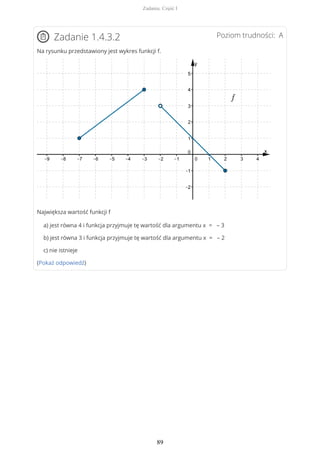 Poziom trudności: AZadanie 1.4.3.2
Na rysunku przedstawiony jest wykres funkcji f.
Największa wartość funkcji f
a) jest równa 4 i funkcja przyjmuje tę wartość dla argumentu x = – 3
b) jest równa 3 i funkcja przyjmuje tę wartość dla argumentu x = – 2
c) nie istnieje
(Pokaż odpowiedź)
Zadania. Część I
89
 