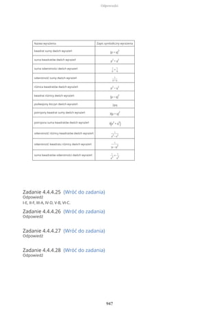 Nazwa wyrażenia Zapis symboliczny wyrażenia
kwadrat sumy dwóch wyrażeń
(p + q)
2
suma kwadratów dwóch wyrażeń p
2
+ q
2
suma odwrotności dwóch wyrażeń 1
p
+
1
q
odwrotność sumy dwóch wyrażeń 1
p + q
różnica kwadratów dwóch wyrażeń p
2
− q
2
kwadrat różnicy dwóch wyrażeń
(p − q)
2
podwojony iloczyn dwóch wyrażeń 2pq
potrojony kwadrat sumy dwóch wyrażeń 3(p + q)
2
potrojona suma kwadratów dwóch wyrażeń 3(p
2
+ q
2
)
odwrotność różnicy kwadratów dwóch wyrażeń 1
p
2
− q
2
odwrotność kwadratu różnicy dwóch wyrażeń
1
(p − q)
2
suma kwadratów odwrotności dwóch wyrażeń 1
p
2
+
1
q
2
Zadanie 4.4.4.25 (Wróć do zadania)
Odpowiedź
I-E, II-F, III-A, IV-D, V-B, VI-C.
Zadanie 4.4.4.26 (Wróć do zadania)
Odpowiedź
Zadanie 4.4.4.27 (Wróć do zadania)
Odpowiedź
Zadanie 4.4.4.28 (Wróć do zadania)
Odpowiedź
Odpowiedzi
947
 