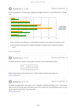 Poziom trudności: AZadanie 2.1.10
Wyniki sprawdzianu z matematyki i z języka polskiego w klasie III c są przedstawione na diagra-
mie
(Pokaż odpowiedź)
Poziom trudności: AZadanie 2.1.11
W tabeli zestawiono oceny z matematyki na koniec roku uczniów pewnej klasy.
Ocena 1 2 3 4 5 6
Liczba ocen 0 3 12 10 x 1
Oblicz liczbę piątek, jeżeli średnia ocen z matematyki w tej klasie jest równa 3,5.
(Pokaż odpowiedź)
Poziom trudności: AZadanie 2.1.12
W sklepie przygotowano mieszankę trzech rodzajów cukierków składającą się z 14 kg cukier-
ków w cenie 12 zł za kg, 9 kg cukierków w cenie 14 zł za kg oraz 7 kg cukierków w cenie 18 zł za
kg. Ile powinien kosztować 1 kg mieszanki?
(Pokaż odpowiedź)
Ilu uczniów ze sprawdzianu z matematyki otrzymało ocenę wyższą niż średnia ocen?a)
Ilu uczniów ze sprawdzianu z języka polskiego otrzymało ocenę niższą niż mediana
ocen?
b)
Średnia, mediana, dominanta
118
 