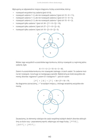 Wpisujemy w odpowiednie miejsce diagramu liczbę uczestników, którzy:
• rozwiązali wszystkie trzy zadania (jest ich 8),
• rozwiązali zadania 1 i 2, ale nie rozwiązali zadania 3 (jest ich 19 − 8 = 11),
• rozwiązali zadania 1 i 3, ale nie rozwiązali zadania 2 (jest ich 13 − 8 = 5),
• rozwiązali zadania 2 i 3, ale nie rozwiązali zadania 1 (jest ich 10 − 8 = 2),
• rozwiązali tylko zadanie 1 (jest ich 34 − (11 + 8 + 5) = 10),
• rozwiązali tylko zadanie 2 (jest ich 27 − (11 + 8 + 2) = 6),
• rozwiązali tylko zadanie 3 (jest ich 18 − (5 + 8 + 2) = 3).
Wobec tego wszystkich uczestników tego konkursu, którzy rozwiązali co najmniej jedno
zadanie, było
8 + 11 + 5 + 2 + 10 + 6 + 3 = 45.
Zatem 4 uczestników konkursu nie rozwiązało żadnego z trzech zadań. To zadanie moż-
na też rozwiązać, rozumując w następujący sposób. Wybieramy po kolei wszystkie ele-
menty zbiorów: najpierw P, potem D i następnie T – jest ich razem
| P | + | D | + | T | = 34 + 27 + 18 = 79.
Na diagramie zaznaczamy „ + ” w każdym miejscu, z którego wzięliśmy wszystkie ele-
menty
Zauważamy, że elementy należące do części wspólnej każdych dwóch zbiorów obliczyli-
śmy za dużo razy – poprawiamy wynik, odejmując od niego liczby | P ∩ D | ,
| D ∩ T | i | P ∩ T | :
Liczba elementów zbioru skończonego
142
 