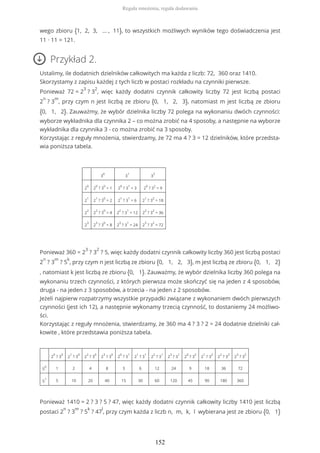 wego zbioru {1, 2, 3, … , 11}, to wszystkich możliwych wyników tego doświadczenia jest
11 ∙ 11 = 121.
Przykład 2.
Ustalimy, ile dodatnich dzielników całkowitych ma każda z liczb: 72, 360 oraz 1410.
Skorzystamy z zapisu każdej z tych liczb w postaci rozkładu na czynniki pierwsze.
Ponieważ 72 = 2
3
? 3
2
, więc każdy dodatni czynnik całkowity liczby 72 jest liczbą postaci
2
n
? 3
m
, przy czym n jest liczbą ze zbioru {0, 1, 2, 3}, natomiast m jest liczbą ze zbioru
{0, 1, 2}. Zauważmy, że wybór dzielnika liczby 72 polega na wykonaniu dwóch czynności:
wyborze wykładnika dla czynnika 2 – co można zrobić na 4 sposoby, a następnie na wyborze
wykładnika dla czynnika 3 - co można zrobić na 3 sposoby.
Korzystając z reguły mnożenia, stwierdzamy, że 72 ma 4 ? 3 = 12 dzielników, które przedsta-
wia poniższa tabela.
3
0
3
1
3
2
2
0
2
0
? 3
0
= 1 2
0
? 3
1
= 3 2
0
? 3
2
= 9
2
1
2
1
? 3
0
= 2 2
1
? 3
1
= 6 2
1
? 3
2
= 18
2
2
2
2
? 3
0
= 4 2
2
? 3
1
= 12 2
2
? 3
2
= 36
2
3
2
3
? 3
0
= 8 2
3
? 3
1
= 24 2
3
? 3
2
= 72
Ponieważ 360 = 2
3
? 3
2
? 5, więc każdy dodatni czynnik całkowity liczby 360 jest liczbą postaci
2
n
? 3
m
? 5
k
, przy czym n jest liczbą ze zbioru {0, 1, 2, 3}, m jest liczbą ze zbioru {0, 1, 2}
, natomiast k jest liczbą ze zbioru {0, 1}. Zauważmy, że wybór dzielnika liczby 360 polega na
wykonaniu trzech czynności, z których pierwsza może skończyć się na jeden z 4 sposobów,
druga - na jeden z 3 sposobów, a trzecia - na jeden z 2 sposobów.
Jeżeli najpierw rozpatrzymy wszystkie przypadki związane z wykonaniem dwóch pierwszych
czynności (jest ich 12), a następnie wykonamy trzecią czynność, to dostaniemy 24 możliwo-
ści.
Korzystając z reguły mnożenia, stwierdzamy, że 360 ma 4 ? 3 ? 2 = 24 dodatnie dzielniki cał-
kowite , które przedstawia poniższa tabela.
2
0
? 3
0
2
1
? 3
0
2
2
? 3
0
2
3
? 3
0
2
0
? 3
1
2
1
? 3
1
2
2
? 3
1
2
3
? 3
1
2
0
? 3
2
2
1
? 3
2
2
2
? 3
2
2
3
? 3
2
5
0
1 2 4 8 3 6 12 24 9 18 36 72
5
1
5 10 20 40 15 30 60 120 45 90 180 360
Ponieważ 1410 = 2 ? 3 ? 5 ? 47, więc każdy dodatni czynnik całkowity liczby 1410 jest liczbą
postaci 2
n
? 3
m
? 5
k
? 47
l
, przy czym każda z liczb n, m, k, l wybierana jest ze zbioru {0, 1}
Reguła mnożenia, reguła dodawania
152
 