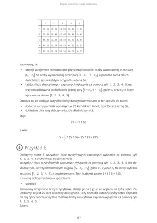 1 2 3 4 5
1 11, 55 12, 54 13, 53 14, 52 15, 51
2 21, 45 22, 44 23, 43 24, 42 25, 41
3 31, 35 32, 34 33, 33 34, 32 35, 31
4 41, 25 42, 24 43, 23 44, 22 45, 21
5 51, 15 52, 14 53, 13 54, 12 55, 11
Zauważmy, że:
• istnieje wzajemnie jednoznaczne przyporządkowanie: liczby wyznaczonej przez parę
(c1, c2) do liczby wyznaczonej przez parę (6 − c1, 6 − c2), a ponadto suma takich
dwóch liczb jest w każdym przypadku równa 66,
• każda z liczb dwucyfrowych zapisanych wyłącznie za pomocą cyfr 1, 2, 3, 4, 5 jest
przyporządkowana do dokładnie jednej pary (6 − c1, 6 − c2), gdzie c1 oraz c2 to liczby
wybrane ze zbioru {1, 2, 3, 4, 5}.
Oznacza to, że dodając wszystkie liczby dwucyfrowe wpisane w ten sposób do tabeli:
• dodamy sumy par liczb wpisanych w 25 komórkach tabeli, czyli 25 razy liczbę 66,
• dokładnie dwa razy obliczymy każdy składnik sumy S.
Stąd
2S = 25 ? 66
a więc
S =
1
2
? 25 ? 66 = 25 ? 33 = 825
Przykład 6.
Obliczymy sumę S wszystkich liczb trzycyfrowych zapisanych wyłącznie za pomocą cyfr
1, 2, 3, 4, 5 (cyfry mogą się powtarzać).
Wszystkich liczb trzycyfrowych zapisanych wyłącznie za pomocą cyfr 1, 2, 3, 4, 5 jest do-
kładnie tyle, ile trzyelementowych ciągów (c1, c2, c3), gdzie c1, c2 oraz c3 to liczby wybrane
ze zbioru {1, 2, 3, 4, 5}, z powtórzeniami. Tych liczb jest zatem 5 ? 5 ? 5 = 125.
Ich sumę obliczymy dwoma sposobami.
• sposób I
Sumujemy otrzymane liczby trzycyfrowe, dzieląc je na 5 grup ze względu na cyfrę setek. Za-
uważamy, że jest 25 liczb w każdej takiej grupie. Przy czym dla ustalonej cyfry setek dopisane
do niej cyfry tworzą wszystkie możliwe liczby dwucyfrowe zapisane wyłącznie za pomocą cyfr
1, 2, 3, 4, 5.
Zatem:
Reguła mnożenia, reguła dodawania
157
 