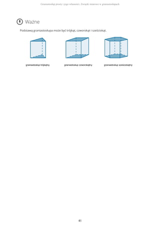 Ważne
Podstawą graniastosłupa może być trójkąt, czworokąt i sześciokąt.
Graniastosłup prosty i jego własności. Związki miarowe w graniastosłupach
41
 