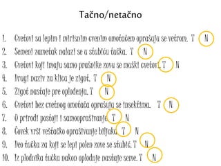 Tačno/netačno
1. Cvetovi sa lepim i mirisnim cvenim omotačem oprašuju se vetrom. T N
2. Semeni zametak nalazi se u stubiću tučka. T N
3. Cvetovi koji imaju samo prašnike zovu se muški cvetovi. T N
4. Drugi naziv za klicu je zigot. T N
5. Zigot nastaje pre oplođenja. T N
6. Cvetovi bez cvetnog omotača oprašuju se insektima. T N
7. U prirodi postoji i samooprašivanje. T N
8. Čovek vrši veštačko oprašivanje biljaka. T N
9. Deo tučka za koji se lepi polen zove se stubić. T N
10. Iz plodnika tučka nakon oplodnje nastaje seme. T N
 
