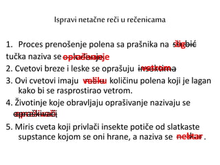 Ispravinetačne reči u rečenicama
1. Proces prenošenje polena sa prašnika na
tučka naziva se .
2. Cvetovi breze i leske se oprašuju .
3. Ovi cvetovi imaju količinu polena koji je lagan
kako bi se rasprostirao vetrom.
4. Životinje koje obravljaju oprašivanje nazivaju se
.
5. Miris cveta koji privlači insekte potiče od slatkaste
supstance kojom se oni hrane, a naziva se .
stubić
oplođenje
insektima
malu
stubićžig
insektimavetrom
maluveliku
oplođenjeoprašivanje
opraškivačioprašivačiopraškivači
netkarnetkarnektar
 