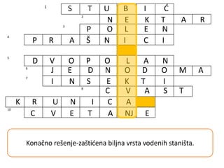 1
2
3
4
5
6
7
8
10
S T U B I Ć
N E K T A R
P O L E N
P R A Š N I C I
D V O P O L A N
J E D N O D O M A
I N S E K T I
C V A S T
K R U N I C A
C V E T A NJ E
1. Deo tučka kroz koji prolazi polenova cev.2. Cvetni sok koji insekti koriste kao hranu.
3. Zrna koja se nalaze u polenovoj kesi i mogu da izazivaju
alergiju.
4. Muški polni organi biljke.5. Cvet koji ima i tučak i prašnike.6. Biljka koja ima muške i ženske cvetone na istoj jedinki.
7. Cvetovi koji imaju lep cvetni omotač i koji lepo mirišu
oprašuju....
8. Skup cvetova na zajedničkoj dršci.9. Deo cvetnog omotača koji ima ulogu da privlači insekte.10. Proces izlaska cveta iz pupoljka kod biljaka cvetnica.Konačno rešenje-zaštićena biljna vrsta vodenih staništa.
 