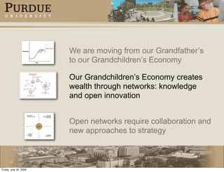 We are moving from our Grandfather’s
                        to our Grandchildren’s Economy

                        Our Grandchildren’s Economy creates
                        wealth through networks: knowledge
                        and open innovation


                        Open networks require collaboration and
                        new approaches to strategy



Friday, July 24, 2009
 
