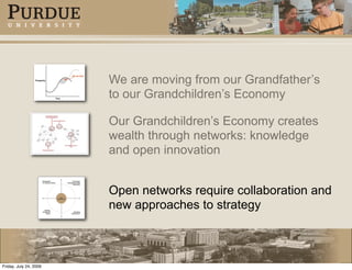 We are moving from our Grandfather’s
                        to our Grandchildren’s Economy

                        Our Grandchildren’s Economy creates
                        wealth through networks: knowledge
                        and open innovation


                        Open networks require collaboration and
                        new approaches to strategy



Friday, July 24, 2009
 