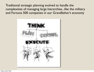 Traditional strategic planning evolved to handle the
          complexities of managing large hierarchies...like the military
          and Fortune 500 companies in our Grandfather’s economy




Friday, July 24, 2009
 