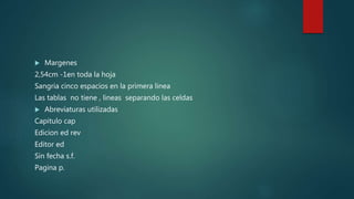  Margenes
2,54cm -1en toda la hoja
Sangria cinco espacios en la primera linea
Las tablas no tiene , lineas separando las celdas
 Abreviaturas utilizadas
Capitulo cap
Edicion ed rev
Editor ed
Sin fecha s.f.
Pagina p.
 