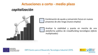 11
Combinación de ayuda y coinversión futura en nuevos
proyectos de alto riesgo (nuevo empleo)
Analizar la viabilidad y puesta en marcha de una
plataforma pública de crowdfunding tecnológico (efecto
multiplicador)
capitalización
Actuaciones a corto - medio plazo
 