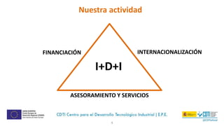 4
Nuestra actividad
ASESORAMIENTO Y SERVICIOS
INTERNACIONALIZACIÓNFINANCIACIÓN
I+D+I
 