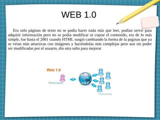 WEB 1.0
Era solo páginas de texto no se podía hacer nada más que leer, podían servir para
adquirir información pero no se podía modificar ni copiar el contenido, era de lo más
simple, fue hasta el 2001 cuando HTML surgió cambiando la forma de la paginas que ya
se veían más atractivas con imágenes y haciéndolas más complejas pero aun sin poder
ser modificadas por el usuario, dio otra salto para mejorar
 