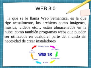 WEB 3.0
la que se le llama Web Semántica, es la que
rige actualmente, los archivos como imágenes,
música, videos etc… están almacenados en la
nube, como también programas webs que pueden
ser utilizados en cualquier parte del mundo sin
necesidad de crear instaladores
 