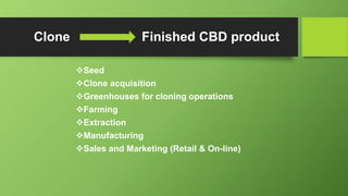 Clone Finished CBD product
Seed
Clone acquisition
Greenhouses for cloning operations
Farming
Extraction
Manufacturing
Sales and Marketing (Retail & On-line)
 