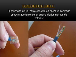 El ponchado de un cable consiste en hacer un cableado
estructurado teniendo en cuenta ciertas normas de
colores.
PONCHADO DE CABLE.
 