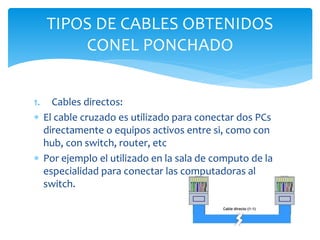 1. Cables directos:
 El cable cruzado es utilizado para conectar dos PCs
directamente o equipos activos entre si, como con
hub, con switch, router, etc
 Por ejemplo el utilizado en la sala de computo de la
especialidad para conectar las computadoras al
switch.
TIPOS DE CABLES OBTENIDOS
CONEL PONCHADO
 