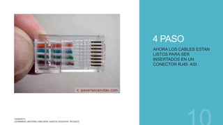 4 PASO
AHORA LOS CABLES ESTAN
LISTOS PARA SER
INSERTADOS EN UN
CONECTOR RJ45 ASI :
 