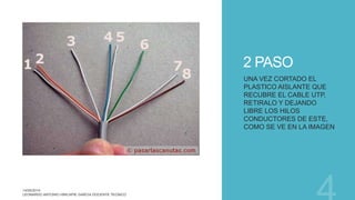 2 PASO
UNA VEZ CORTADO EL
PLASTICO AISLANTE QUE
RECUBRE EL CABLE UTP,
RETIRALO Y DEJANDO
LIBRE LOS HILOS
CONDUCTORES DE ESTE,
COMO SE VE EN LA IMAGEN
 