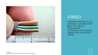 3 PASO
HABIENDO ORGANIZADO EL
CABLEADO JUNTAMOS MUIY
BIEN LOS CABLES Y
PROCESAMOS
CORTANDOLOS DEL MISMO
TAMAÑO DE LA SIGUIENTE
FORMA
 