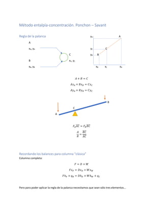 Método entalpía-concentración. Ponchon – Savarit
Regla de la palanca yA A
A
xA, yA yC C
C yB B
B xC, yC
xB, yB xB xC xA
𝐴 + 𝐵 = 𝐶
𝐴𝑥 𝐴 + 𝐵𝑥 𝐵 = 𝐶𝑥 𝐶
𝐴𝑦 𝐴 + 𝐵𝑦 𝐵 = 𝐶𝑦 𝐶
B
C
A
𝐹𝐴 𝐴𝐶̅̅̅̅ = 𝐹𝐵 𝐵𝐶̅̅̅̅
𝐴
𝐵
=
𝐵𝐶̅̅̅̅
𝐴𝐶̅̅̅̅
Recordando los balances para columna “clásica”
Columna completa:
𝐹 = 𝐷 + 𝑊
𝐹𝑥 𝐹 = 𝐷𝑥 𝐷 + 𝑊𝑥 𝑊
𝐹ℎ 𝐹 + 𝑞 𝑅 = 𝐷ℎ 𝐷 + 𝑊ℎ 𝑊 + 𝑞 𝐶
Pero para poder aplicar la regla de la palanca necesitamos que sean sólo tres elementos...
 