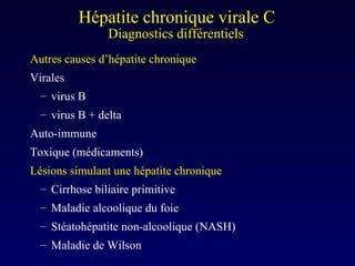 Autres causes d’hépatite chronique Virales virus B virus B + delta Auto-immune Toxique (médicaments) Lésions simulant une hépatite chronique   Cirrhose biliaire primitive Maladie alcoolique du foie Stéatohépatite non-alcoolique (NASH) Maladie de Wilson Diagnostics différentiels  Hépatite chronique virale C 