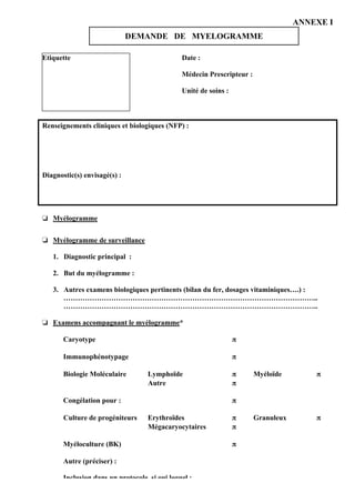 7
ANNEXE I
DEMANDE DE MYELOGRAMME
Etiquette Date :
Médecin Prescripteur :
Unité de soins :
Renseignements cliniques et biologiques (NFP) :
Diagnostic(s) envisagé(s) :
❏ Myélogramme
❏ Myélogramme de surveillance
1. Diagnostic principal :
2. But du myélogramme :
3. Autres examens biologiques pertinents (bilan du fer, dosages vitaminiques….) :
……………………………………………………………………………………………..
……………………………………………………………………………………………..
❏ Examens accompagnant le myélogramme*
Caryotype π
Immunophénotypage π
Biologie Moléculaire Lymphoïde π Myéloïde π
Autre π
Congélation pour : π
Culture de progéniteurs Erythroïdes π Granuleux π
Mégacaryocytaires π
Myéloculture (BK) π
Autre (préciser) :
Inclusion dans un protocole, si oui lequel :
 