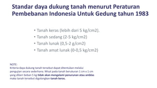 Standar daya dukung tanah menurut Peraturan
Pembebanan Indonesia Untuk Gedung tahun 1983
• Tanah keras (lebih dari 5 kg/cm2).
• Tanah sedang (2-5 kg/cm2)
• Tanah lunak (0,5-2 g/cm2)
• Tanah amat lunak (0-0,5 kg/cm2)
NOTE:
Kriteria daya dukung tanah tersebut dapat ditentukan melalui
pengujian secara sederhana. Misal pada tanah berukuran 1 cm x 1 cm
yang diberi beban 5 kg tidak akan mengalami penurunan atau amblas
maka tanah tersebut digolongkan tanah keras.
 