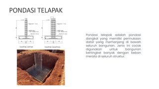 PONDASI TELAPAK
Pondasi telapak adalah pondasi
dangkal yang memiliki permukaan
datar yang memanjang di bawah
seluruh bangunan. Jenis ini cocok
digunakan untuk bangunan
bertingkat banyak dengan beban
merata di seluruh struktur.
 