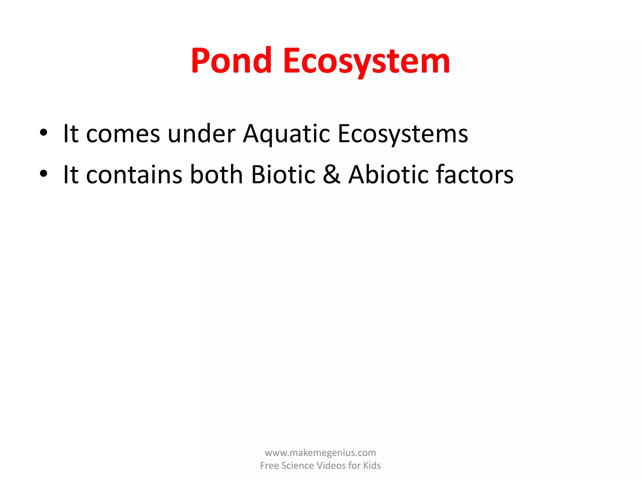 Pond Ecosystem
• It comes under Aquatic Ecosystems
• It contains both Biotic & Abiotic factors




                     www.makemegenius.com
                    Free Science Videos for Kids
 