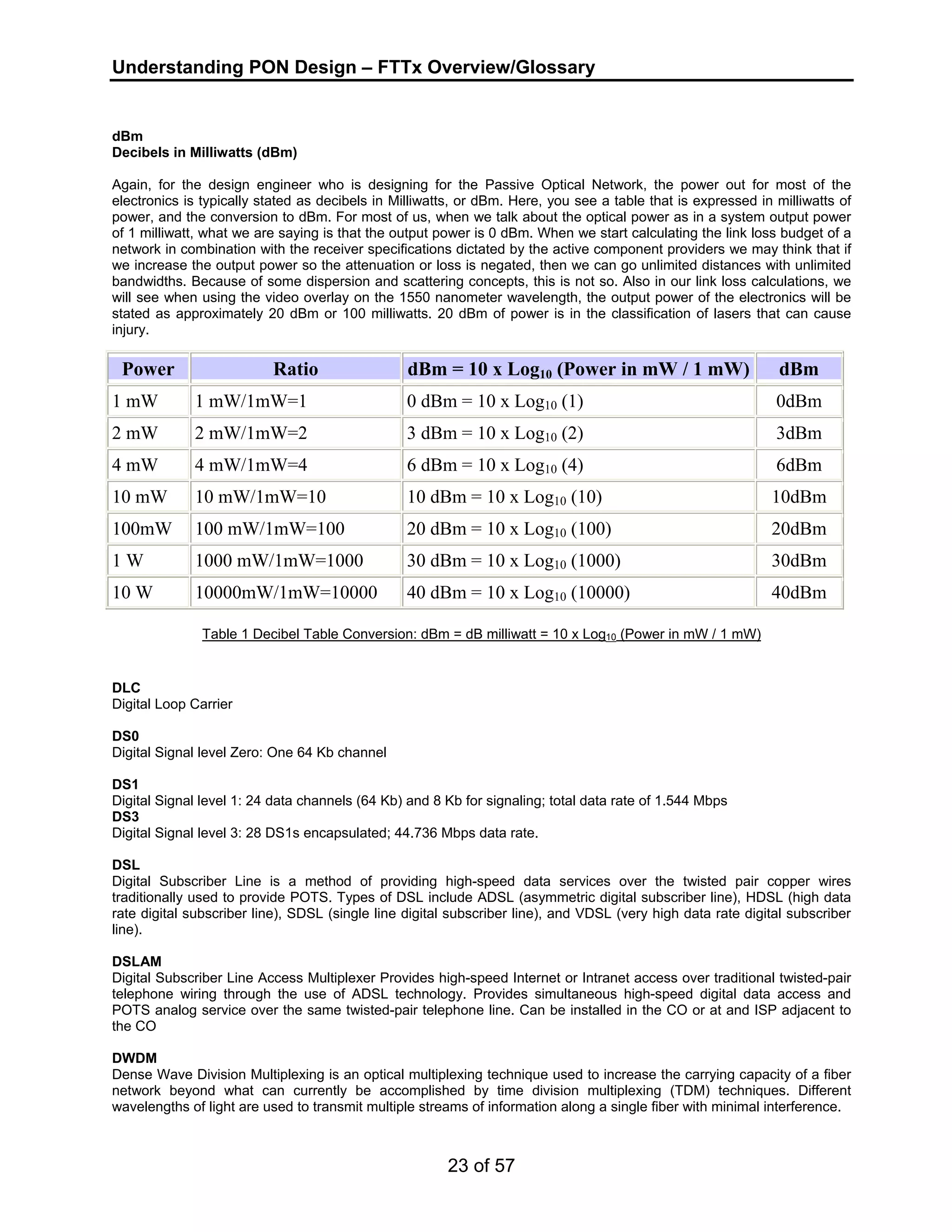 Understanding PON Design – FTTx Overview/Glossary 
dBm 
Decibels in Milliwatts (dBm) 
Again, for the design engineer who is designing for the Passive Optical Network, the power out for most of the 
electronics is typically stated as decibels in Milliwatts, or dBm. Here, you see a table that is expressed in milliwatts of 
power, and the conversion to dBm. For most of us, when we talk about the optical power as in a system output power 
of 1 milliwatt, what we are saying is that the output power is 0 dBm. When we start calculating the link loss budget of a 
network in combination with the receiver specifications dictated by the active component providers we may think that if 
we increase the output power so the attenuation or loss is negated, then we can go unlimited distances with unlimited 
bandwidths. Because of some dispersion and scattering concepts, this is not so. Also in our link loss calculations, we 
will see when using the video overlay on the 1550 nanometer wavelength, the output power of the electronics will be 
stated as approximately 20 dBm or 100 milliwatts. 20 dBm of power is in the classification of lasers that can cause 
injury. 
Power Ratio dBm = 10 x Log10 (Power in mW / 1 mW) dBm 
1 mW 1 mW/1mW=1 0 dBm = 10 x Log10 (1) 0dBm 
2 mW 2 mW/1mW=2 3 dBm = 10 x Log10 (2) 3dBm 
4 mW 4 mW/1mW=4 6 dBm = 10 x Log10 (4) 6dBm 
10 mW 10 mW/1mW=10 10 dBm = 10 x Log10 (10) 10dBm 
100mW 100 mW/1mW=100 20 dBm = 10 x Log10 (100) 20dBm 
1 W 1000 mW/1mW=1000 30 dBm = 10 x Log10 (1000) 30dBm 
10 W 10000mW/1mW=10000 40 dBm = 10 x Log10 (10000) 40dBm 
Table 1 Decibel Table Conversion: dBm = dB milliwatt = 10 x Log10 (Power in mW / 1 mW) 
DLC 
Digital Loop Carrier 
DS0 
Digital Signal level Zero: One 64 Kb channel 
DS1 
Digital Signal level 1: 24 data channels (64 Kb) and 8 Kb for signaling; total data rate of 1.544 Mbps 
DS3 
Digital Signal level 3: 28 DS1s encapsulated; 44.736 Mbps data rate. 
DSL 
Digital Subscriber Line is a method of providing high-speed data services over the twisted pair copper wires 
traditionally used to provide POTS. Types of DSL include ADSL (asymmetric digital subscriber line), HDSL (high data 
rate digital subscriber line), SDSL (single line digital subscriber line), and VDSL (very high data rate digital subscriber 
line). 
DSLAM 
Digital Subscriber Line Access Multiplexer Provides high-speed Internet or Intranet access over traditional twisted-pair 
telephone wiring through the use of ADSL technology. Provides simultaneous high-speed digital data access and 
POTS analog service over the same twisted-pair telephone line. Can be installed in the CO or at and ISP adjacent to 
the CO 
DWDM 
Dense Wave Division Multiplexing is an optical multiplexing technique used to increase the carrying capacity of a fiber 
network beyond what can currently be accomplished by time division multiplexing (TDM) techniques. Different 
wavelengths of light are used to transmit multiple streams of information along a single fiber with minimal interference. 
23 of 57 
 