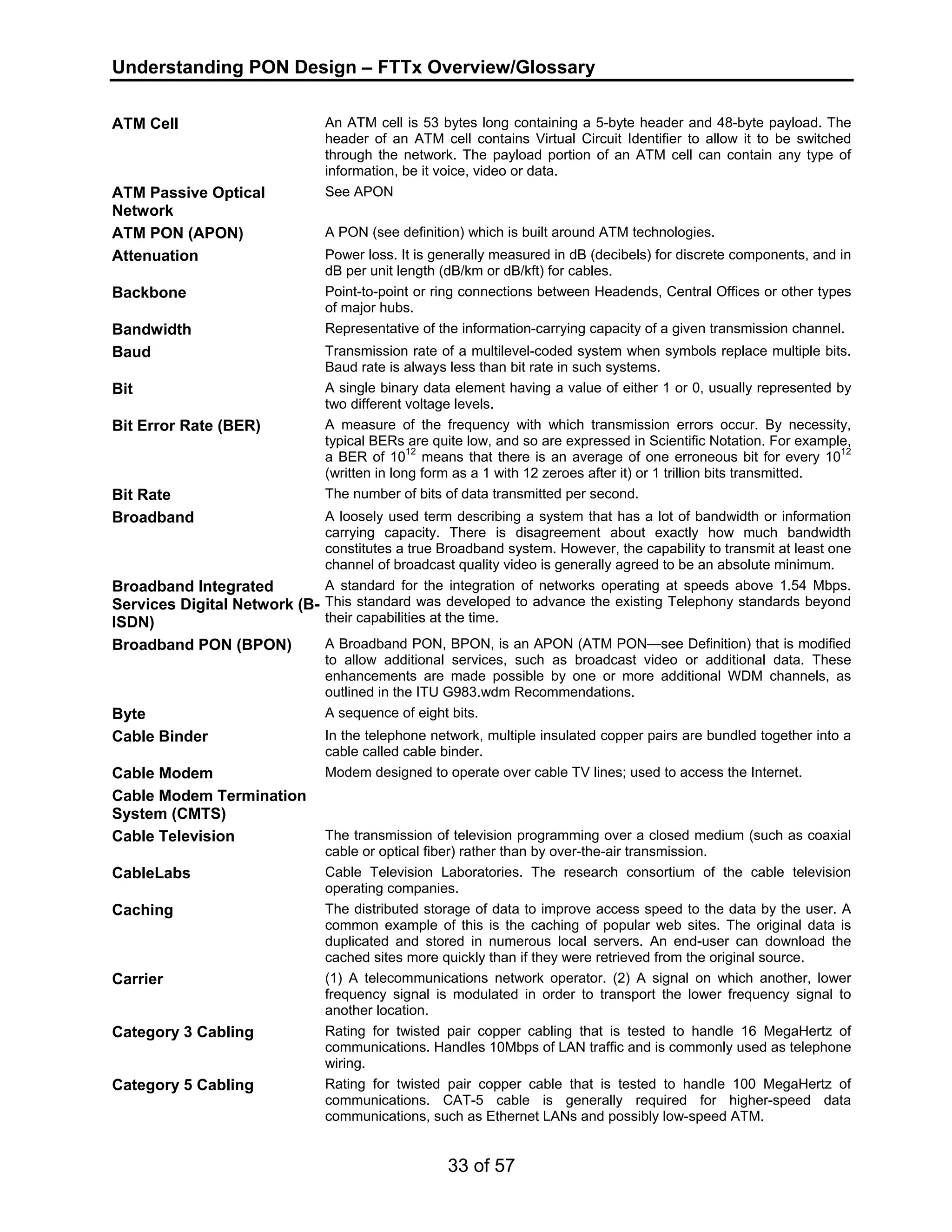 Understanding PON Design – FTTx Overview/Glossary 
ATM Cell An ATM cell is 53 bytes long containing a 5-byte header and 48-byte payload. The 
header of an ATM cell contains Virtual Circuit Identifier to allow it to be switched 
through the network. The payload portion of an ATM cell can contain any type of 
information, be it voice, video or data. 
33 of 57 
ATM Passive Optical 
Network 
See APON 
ATM PON (APON) A PON (see definition) which is built around ATM technologies. 
Attenuation Power loss. It is generally measured in dB (decibels) for discrete components, and in 
dB per unit length (dB/km or dB/kft) for cables. 
Backbone Point-to-point or ring connections between Headends, Central Offices or other types 
of major hubs. 
Bandwidth Representative of the information-carrying capacity of a given transmission channel. 
Baud Transmission rate of a multilevel-coded system when symbols replace multiple bits. 
Baud rate is always less than bit rate in such systems. 
Bit A single binary data element having a value of either 1 or 0, usually represented by 
two different voltage levels. 
Bit Error Rate (BER) A measure of the frequency with which transmission errors occur. By necessity, 
typical BERs are quite low, and so are expressed in Scientific Notation. For example, 
a BER of 1012 means that there is an average of one erroneous bit for every 1012 
(written in long form as a 1 with 12 zeroes after it) or 1 trillion bits transmitted. 
Bit Rate The number of bits of data transmitted per second. 
Broadband A loosely used term describing a system that has a lot of bandwidth or information 
carrying capacity. There is disagreement about exactly how much bandwidth 
constitutes a true Broadband system. However, the capability to transmit at least one 
channel of broadcast quality video is generally agreed to be an absolute minimum. 
Broadband Integrated 
Services Digital Network (B-ISDN) 
A standard for the integration of networks operating at speeds above 1.54 Mbps. 
This standard was developed to advance the existing Telephony standards beyond 
their capabilities at the time. 
Broadband PON (BPON) A Broadband PON, BPON, is an APON (ATM PON—see Definition) that is modified 
to allow additional services, such as broadcast video or additional data. These 
enhancements are made possible by one or more additional WDM channels, as 
outlined in the ITU G983.wdm Recommendations. 
Byte A sequence of eight bits. 
Cable Binder In the telephone network, multiple insulated copper pairs are bundled together into a 
cable called cable binder. 
Cable Modem Modem designed to operate over cable TV lines; used to access the Internet. 
Cable Modem Termination 
System (CMTS) 
Cable Television The transmission of television programming over a closed medium (such as coaxial 
cable or optical fiber) rather than by over-the-air transmission. 
CableLabs Cable Television Laboratories. The research consortium of the cable television 
operating companies. 
Caching The distributed storage of data to improve access speed to the data by the user. A 
common example of this is the caching of popular web sites. The original data is 
duplicated and stored in numerous local servers. An end-user can download the 
cached sites more quickly than if they were retrieved from the original source. 
Carrier (1) A telecommunications network operator. (2) A signal on which another, lower 
frequency signal is modulated in order to transport the lower frequency signal to 
another location. 
Category 3 Cabling Rating for twisted pair copper cabling that is tested to handle 16 MegaHertz of 
communications. Handles 10Mbps of LAN traffic and is commonly used as telephone 
wiring. 
Category 5 Cabling Rating for twisted pair copper cable that is tested to handle 100 MegaHertz of 
communications. CAT-5 cable is generally required for higher-speed data 
communications, such as Ethernet LANs and possibly low-speed ATM. 
 