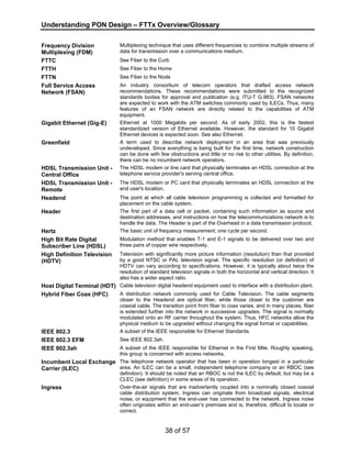 Understanding PON Design – FTTx Overview/Glossary 
38 of 57 
Frequency Division 
Multiplexing (FDM) 
Multiplexing technique that uses different frequencies to combine multiple streams of 
data for transmission over a communications medium. 
FTTC See Fiber to the Curb 
FTTH See Fiber to the Home 
FTTN See Fiber to the Node 
Full Service Access 
Network (FSAN) 
An industry consortium of telecom operators that drafted access network 
recommendations. These recommendations were submitted to the recognized 
standards bodies for approval and publication (e.g. ITU-T G.983). FSAN networks 
are expected to work with the ATM switches commonly used by ILECs. Thus, many 
features of an FSAN network are directly related to the capabilities of ATM 
equipment. 
Gigabit Ethernet (Gig-E) Ethernet at 1000 Megabits per second. As of early 2002, this is the fastest 
standardized version of Ethernet available. However, the standard for 10 Gigabit 
Ethernet devices is expected soon. See also Ethernet. 
Greenfield A term used to describe network deployment in an area that was previously 
undeveloped. Since everything is being built for the first time, network construction 
can be done with few obstructions and little or no risk to other utilities. By definition, 
there can be no incumbent network operators. 
HDSL Transmission Unit - 
Central Office 
The HDSL modem or line card that physically terminates an HDSL connection at the 
telephone service provider's serving central office. 
HDSL Transmission Unit - 
Remote 
The HDSL modem or PC card that physically terminates an HDSL connection at the 
end user's location. 
Headend The point at which all cable television programming is collected and formatted for 
placement on the cable system. 
Header The first part of a data cell or packet, containing such information as source and 
destination addresses, and instructions on how the telecommunications network is to 
handle the data. The Header is part of the Overhead in a data transmission protocol. 
Hertz The basic unit of frequency measurement; one cycle per second. 
High Bit Rate Digital 
Subscriber Line (HDSL) 
Modulation method that enables T-1 and E-1 signals to be delivered over two and 
three pairs of copper wire respectively. 
High Definition Television 
(HDTV) 
Television with significantly more picture information (resolution) than that provided 
by a good NTSC or PAL television signal. The specific resolution (or definition) of 
HDTV can vary according to specifications. However, it is typically about twice the 
resolution of standard television signals in both the horizontal and vertical direction. It 
also has a wider aspect ratio. 
Host Digital Terminal (HDT) Cable television digital headend equipment used to interface with a distribution plant. 
Hybrid Fiber Coax (HFC) A distribution network commonly used for Cable Television. The cable segments 
closer to the Headend are optical fiber, while those closer to the customer are 
coaxial cable. The transition point from fiber to coax varies, and in many places, fiber 
is extended further into the network in successive upgrades. The signal is normally 
modulated onto an RF carrier throughout the system. Thus, HFC networks allow the 
physical medium to be upgraded without changing the signal format or capabilities. 
IEEE 802.3 A subset of the IEEE responsible for Ethernet Standards. 
IEEE 802.3 EFM See IEEE 802.3ah. 
IEEE 802.3ah A subset of the IEEE responsible for Ethernet in the First Mile. Roughly speaking, 
this group is concerned with access networks. 
Incumbent Local Exchange 
Carrier (ILEC) 
The telephone network operator that has been in operation longest in a particular 
area. An ILEC can be a small, independent telephone company or an RBOC (see 
definition). It should be noted that an RBOC is not the ILEC by default, but may be a 
CLEC (see definition) in some areas of its operation. 
Ingress Over-the-air signals that are inadvertently coupled into a nominally closed coaxial 
cable distribution system. Ingress can originate from broadcast signals, electrical 
noise, or equipment that the end-user has connected to the network. Ingress noise 
often originates within an end-user’s premises and is, therefore, difficult to locate or 
correct. 
 